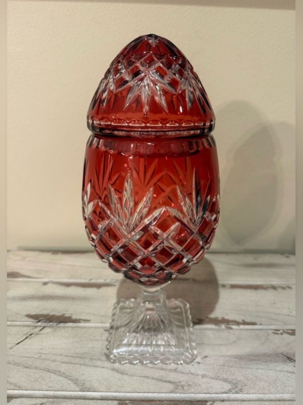 Vintage Ruby Cut to Clear Crystal Egg Covered Pedestal Candy Dish Chalice